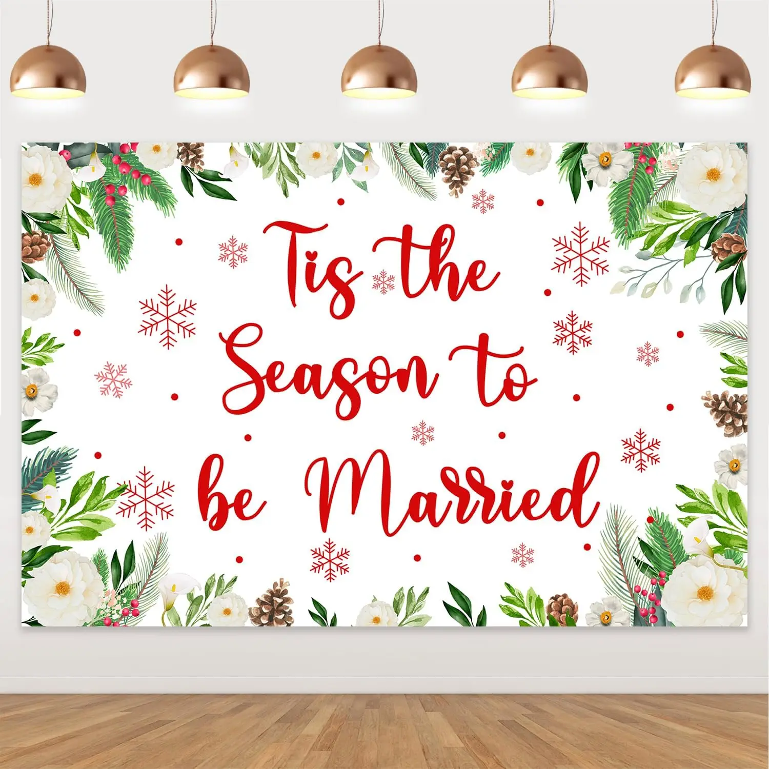 Kreatwow 5x3ft Christmas Tis The Season To Be Married Backdrop Red Green Plants Snowflakes Dercor Winter Wedding Party Supplies