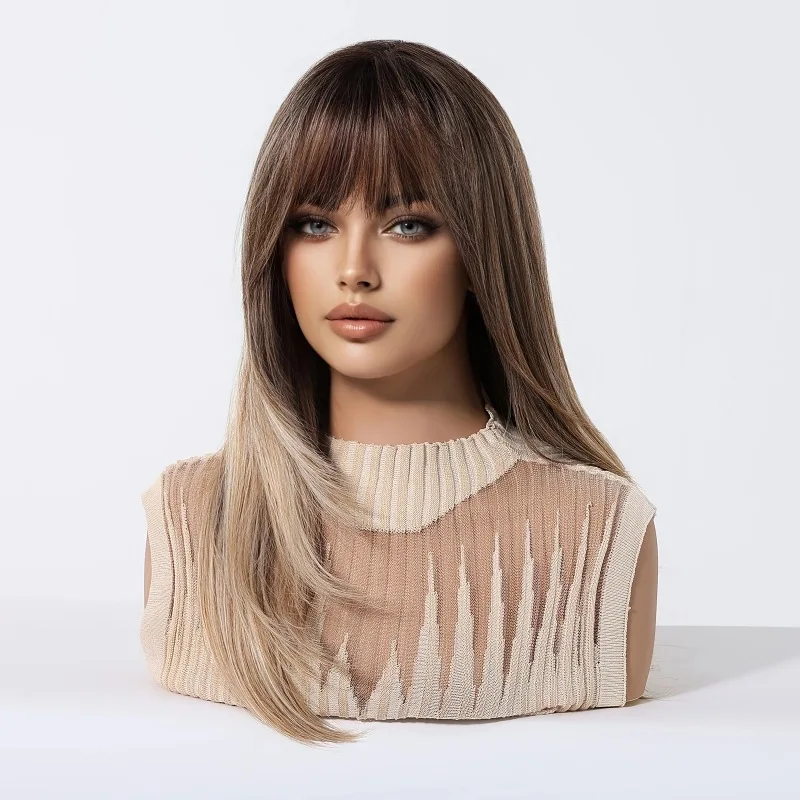 Brown gradient wig with bangs, layered long straight hair, popular in Europe and America