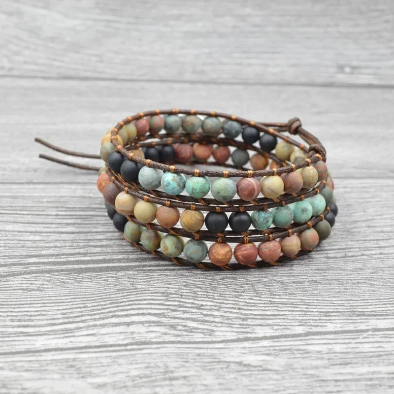 6MM Stone Beads Bohemia Leather Bracelets 3 Strands Wrap Chakra Bracelets Woven Multilayer Boho Bracelet Handmade Jewelry