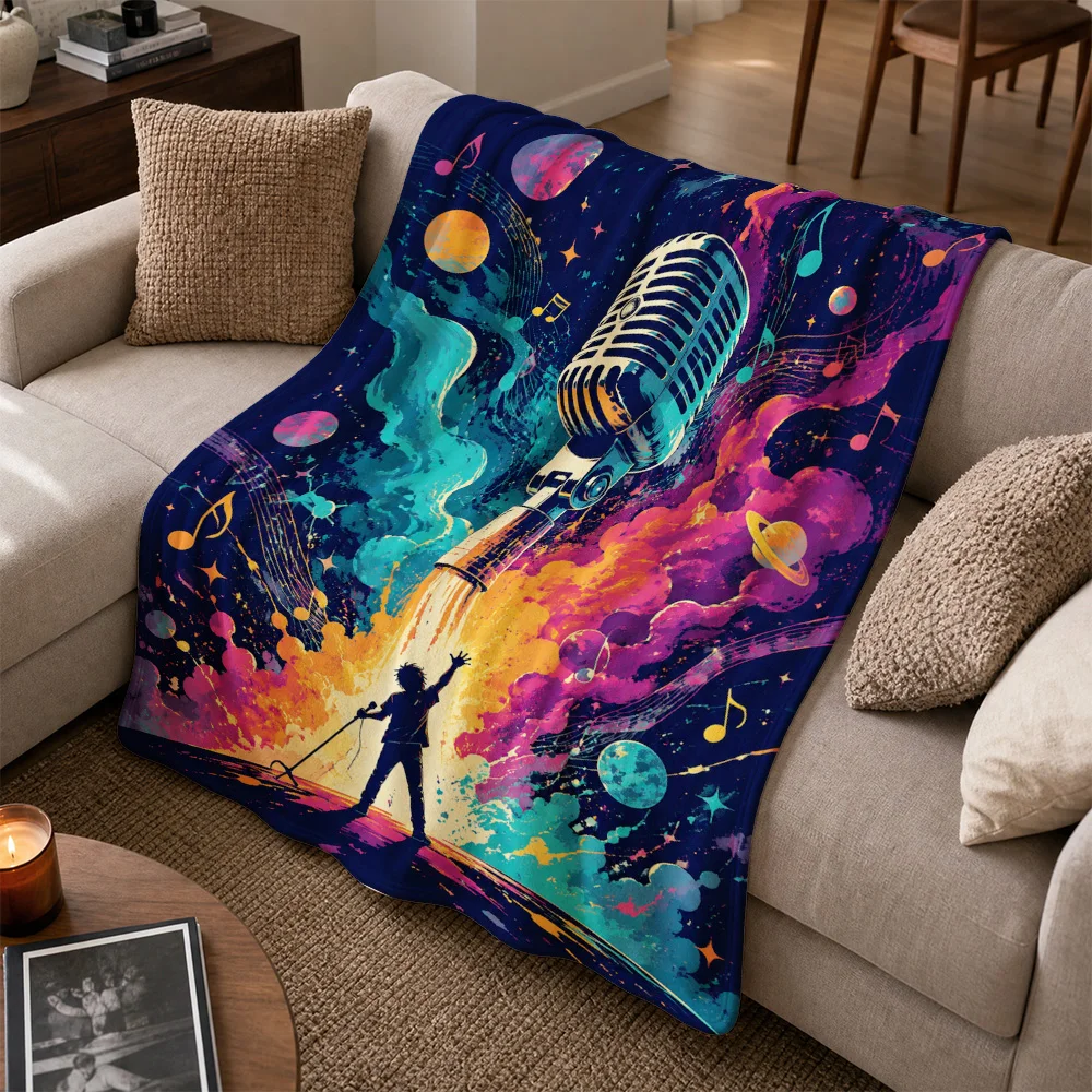 Retro Cosmic Music Theme Throw Blanket for Sofa Couch Decor Disco Pop Art Microphone Style Cozy Fleece Winter Decorative Gift