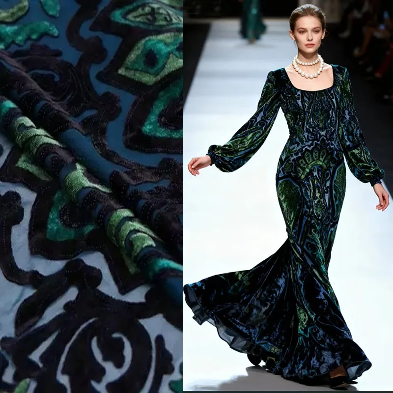 High Quality African Gilding Cord Lace Silk Fabrics Sewing Blackish Green 100%Silk Velvet Fabric Wide 1.4*1m Flower Tissue Dress