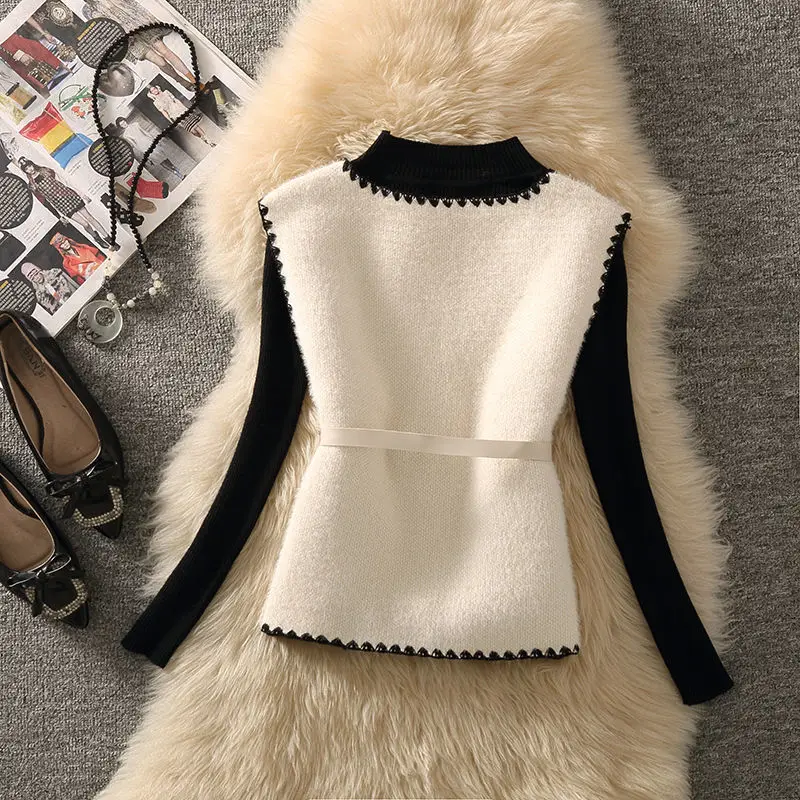 Chic Solid Vintage V-neck Belt Sleeveless Vest Women Jacket Coat Cardigan Short Tops Autumn Outerwear Black White New