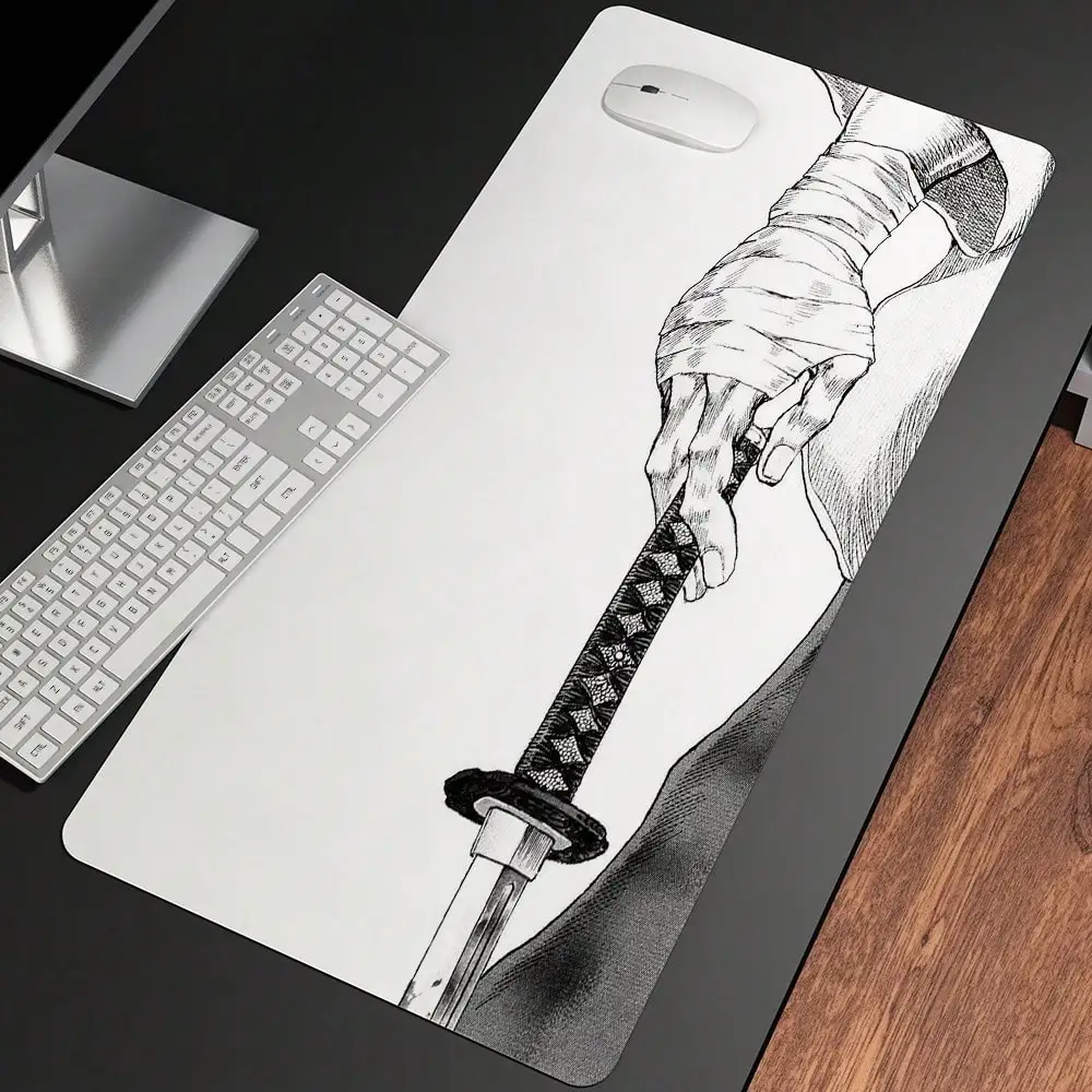1pc Extra Large Samurai Sword Gaming Mouse Pad - Black And White Desk Pad, Sewn Edges, Anti-Slip Rubber Base, Extra-Large Keyboard And Mouse Pad - The Perfect