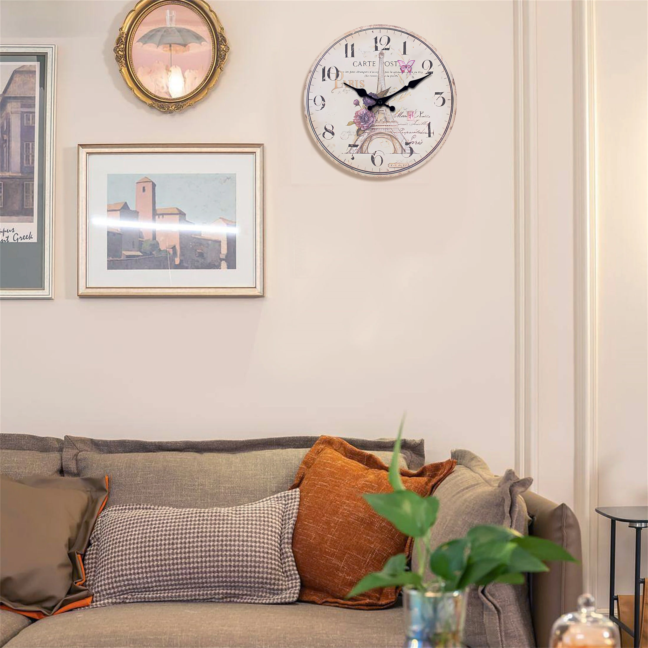 French-Style Paris Eiffel Tower Pattern Wooden Wall Clock for Living Room, Bedroom, Kitchen, Home Decoration, Silent Quartz Clock, Holiday Gift, 10