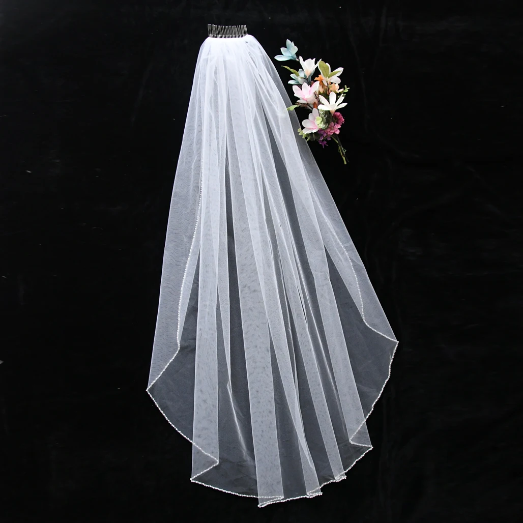 Wedding Veil with Crystal Edge Bridal Veils Pearls Beads Wedding Accessories for Bride1 Tier Fingertip Length Soft Tulle V34 image 6
