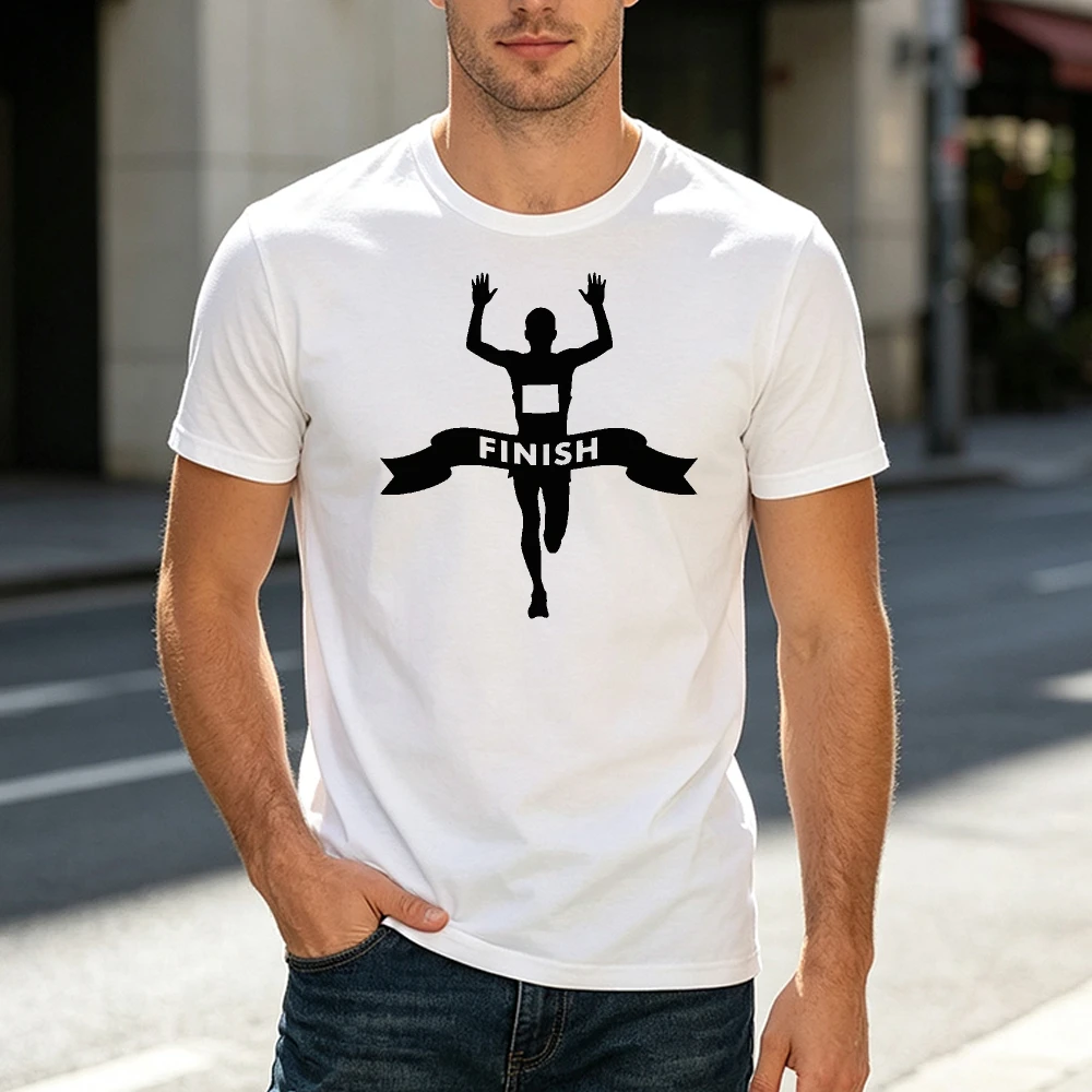 Finish Line Runner Print Short Sleeve White Men Running Graphic T Shirt Casual Streetwear Tees Marathon Fitness Top