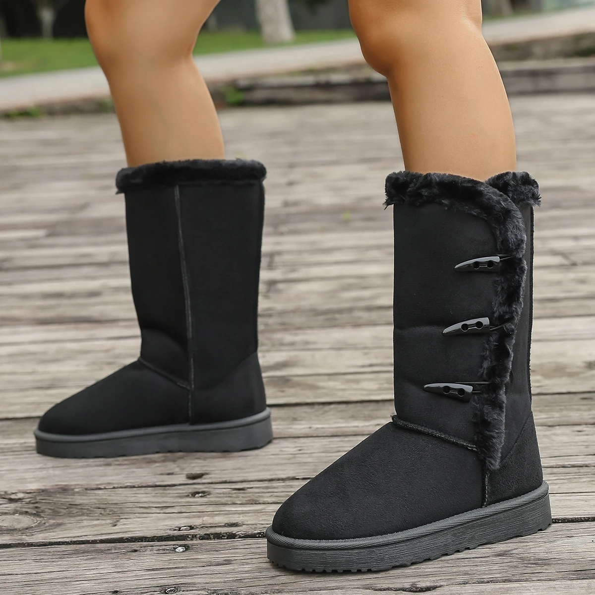 Damen Schneestiefel Winter Halbstiefel Warme Baumwollschuhe Mode Einfarbige Knopf-Stiefel für Damen Braune Lange Stiefel Übergröße 36-42 – Detail 2