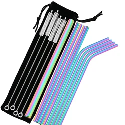 Metal Reusable Straw Set 304 Stainless Steel Straw Straight Bent Drinking Straw With Case Cleaning Brush Set Party Bar Accessory