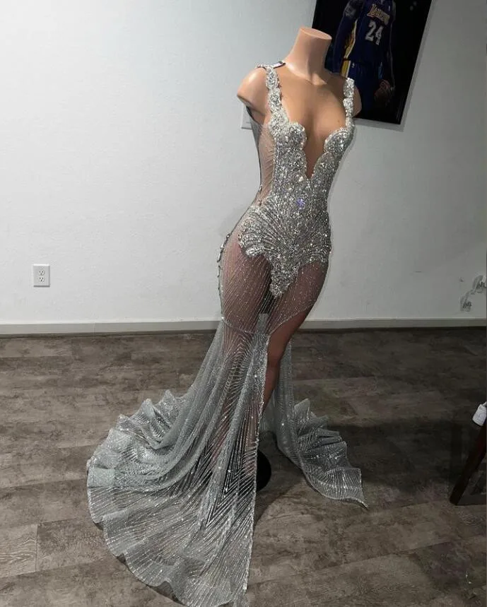 Silver Diamond See Through Mermaid Prom Dress for Women Sparkly Crystal Black Girl Birthday Evening Engagement Gown 2024