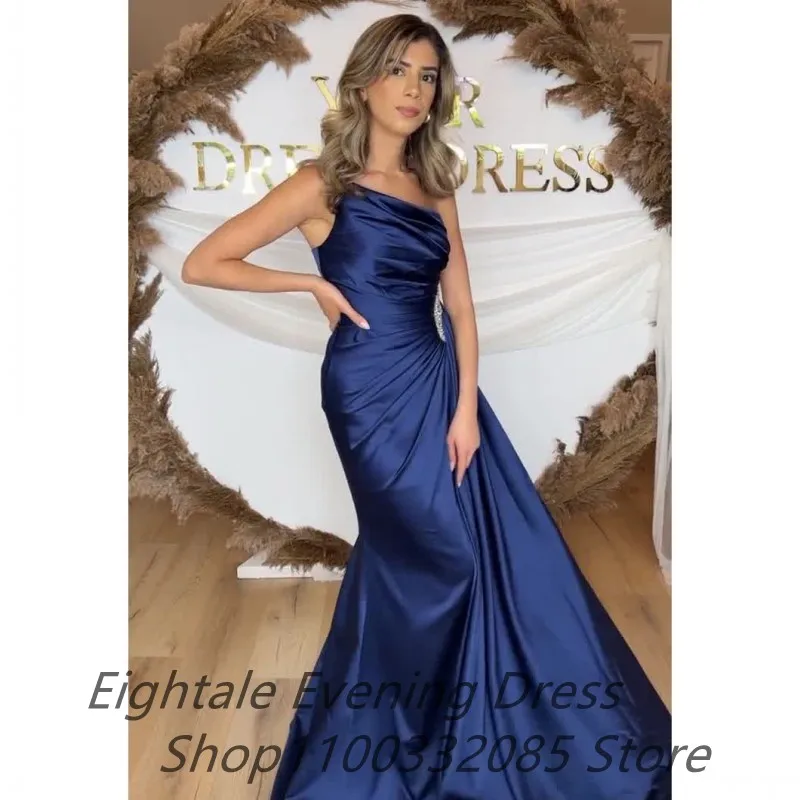 Eightale Navy Blue Mermaid Evening Dress One Shoulder Satin Dress With Pleats Beaded Formal Prom Party Gown Celebrity Dress