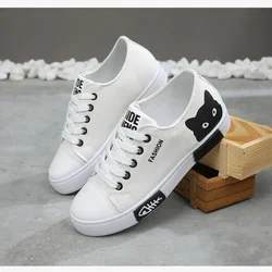 2024 Woman Vulcanized Women Flats Canvas Female Cartoon Cat Women's  Platform Sneakers Ladies Board Shoes Round Toe Plus Size 40