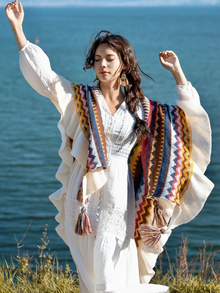 Women Bohemian Ethnic Ruffled Tassel Cotton Blend Shawl Poncho Scarf For Summer Travel Vacation Grassland Beach Daily Outerwear