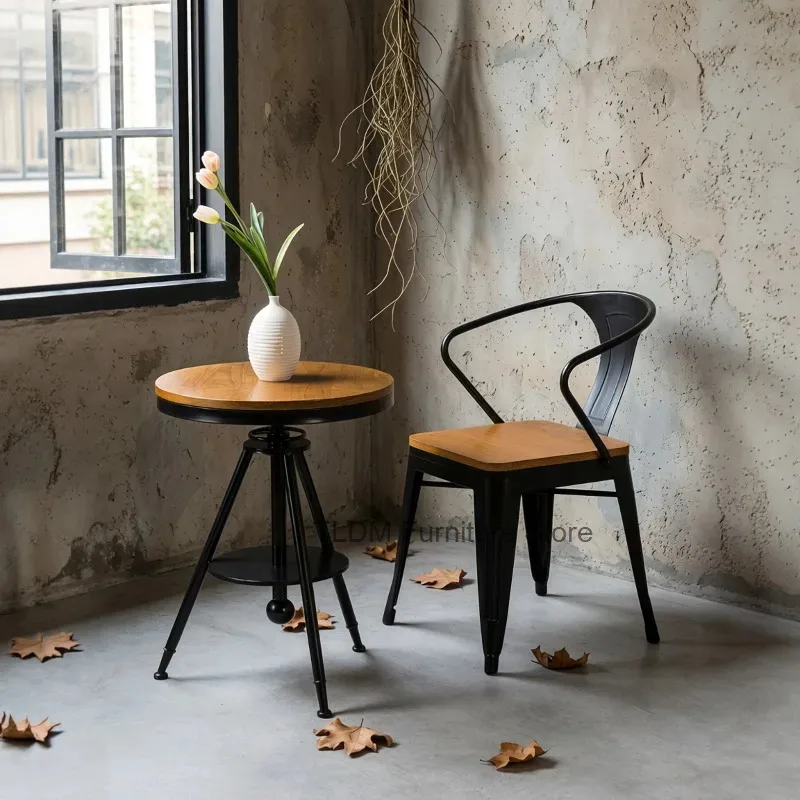 Industrial Metal Dining Chair Curved Armrest Hard Wood Seat Anti-slip Foot Caps Bistro Stool for Cafe Restaurant Bar Home
