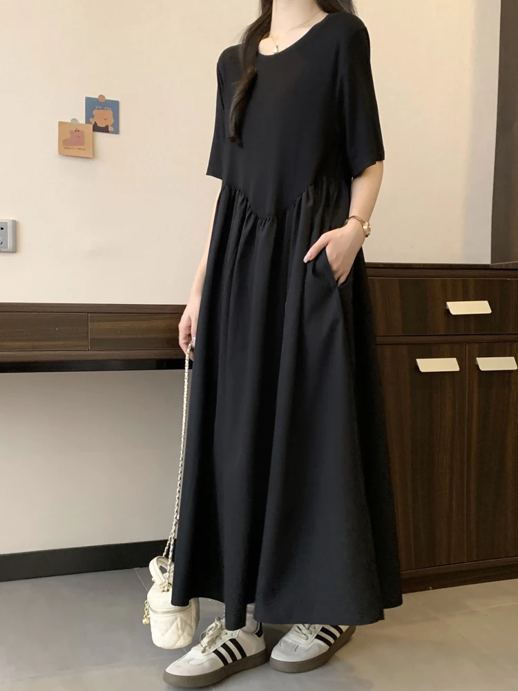 NYFS 2024 Summer New Korea Woman Dress Vestidos Robe Elbise Loose Plus Size Short Sleeve O-neck Patchwork Big Hem Long Dresses