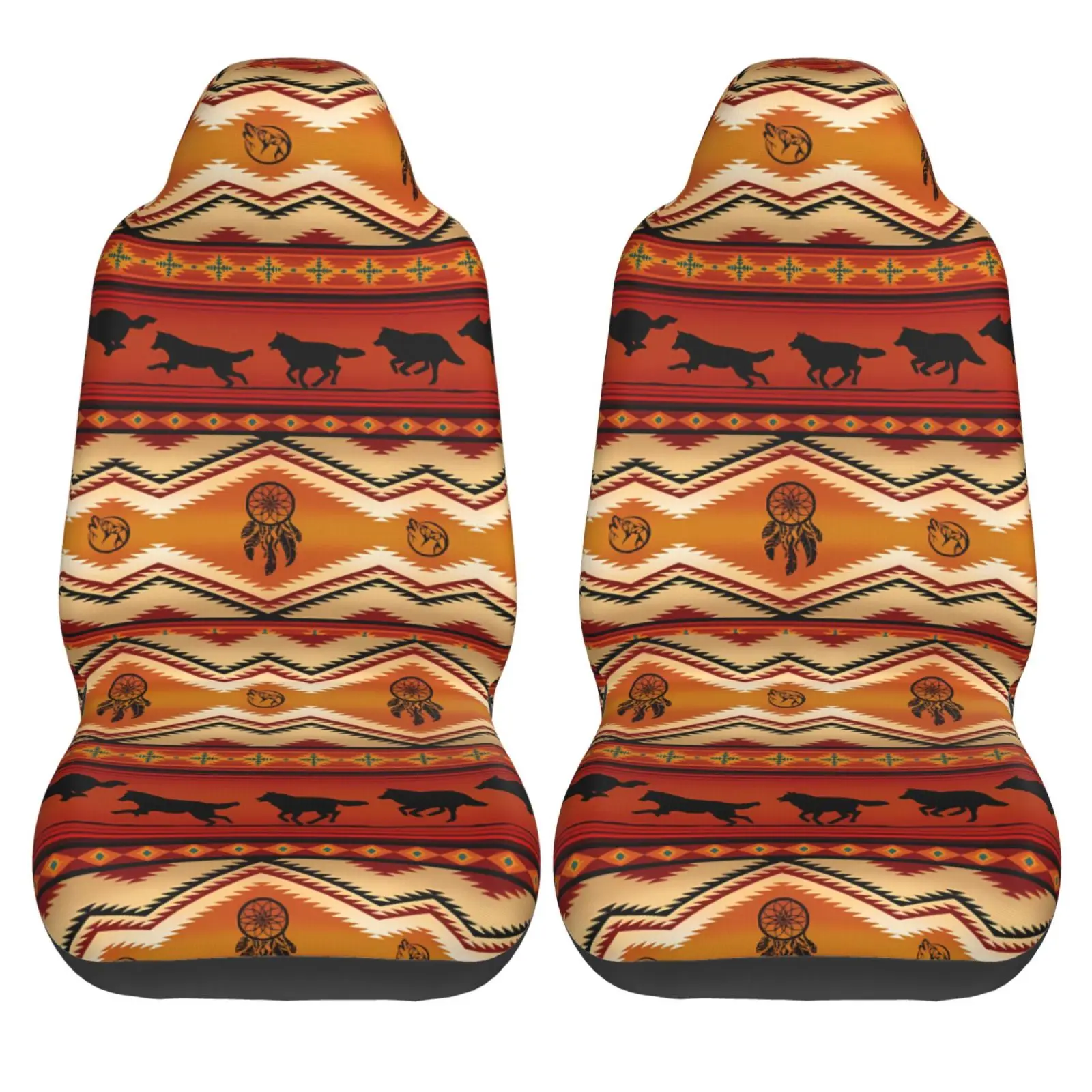 Orange Aztec Wolf Pattern Print Front Seat Cover 2 Pcs Universal Vehicle Seat Protector Mat Covers Fit Most Cars Sedan SUV Van