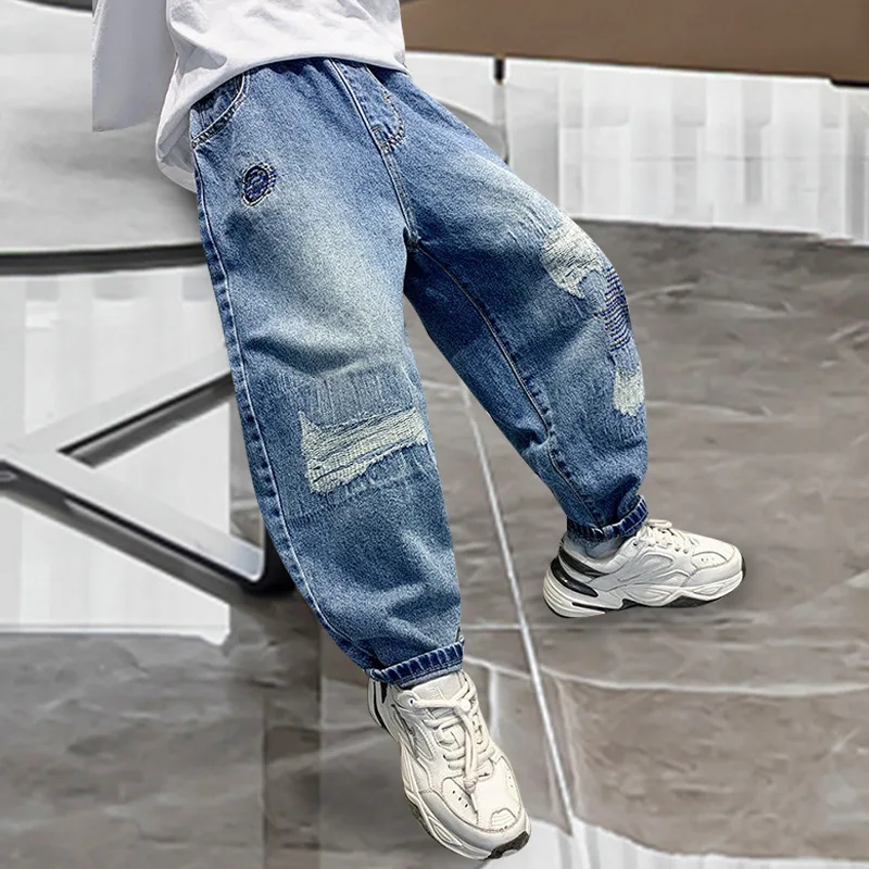 

New Autumn Boys Pants Jeans Cotton Teenage Fashion Denim Broken Trousers Spring Children's Loose Hole Cargo Pant 3 To 16 Years