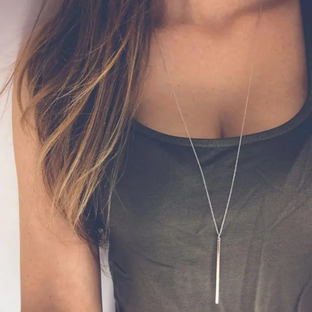 2026 New Fashion Simple Stick Pendant Hollow Girl Long Link Chain Square Copper Necklaces For Women  Strip Jewelry Accessories