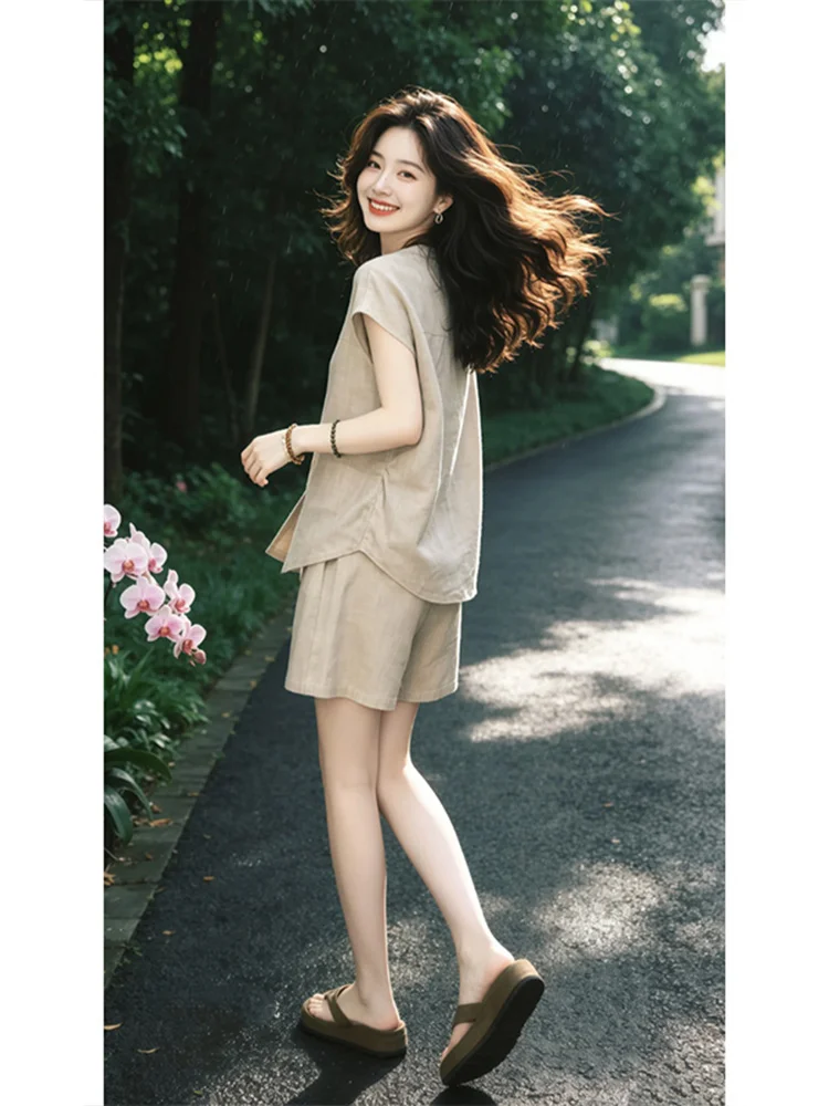 Korean Laid-back Style Women's Set Summer New round Neck Slit Sleeveless High Waist Wide Leg Pants Two-piece Set Casual Fashion