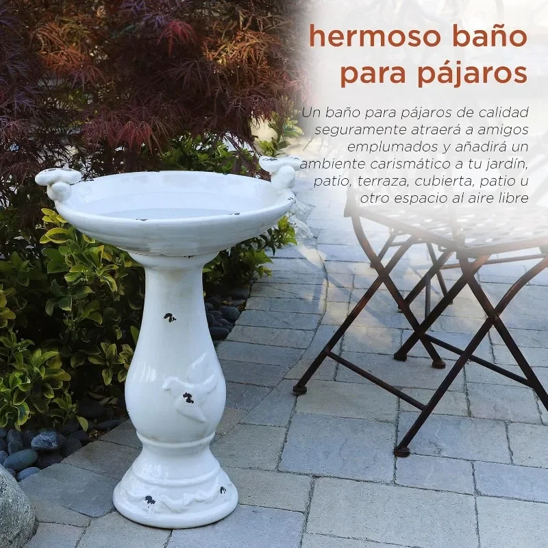 25" Tall Outdoor Antique Ceramic Birdbath with Bird Figurines Yard Statue, Light Brown