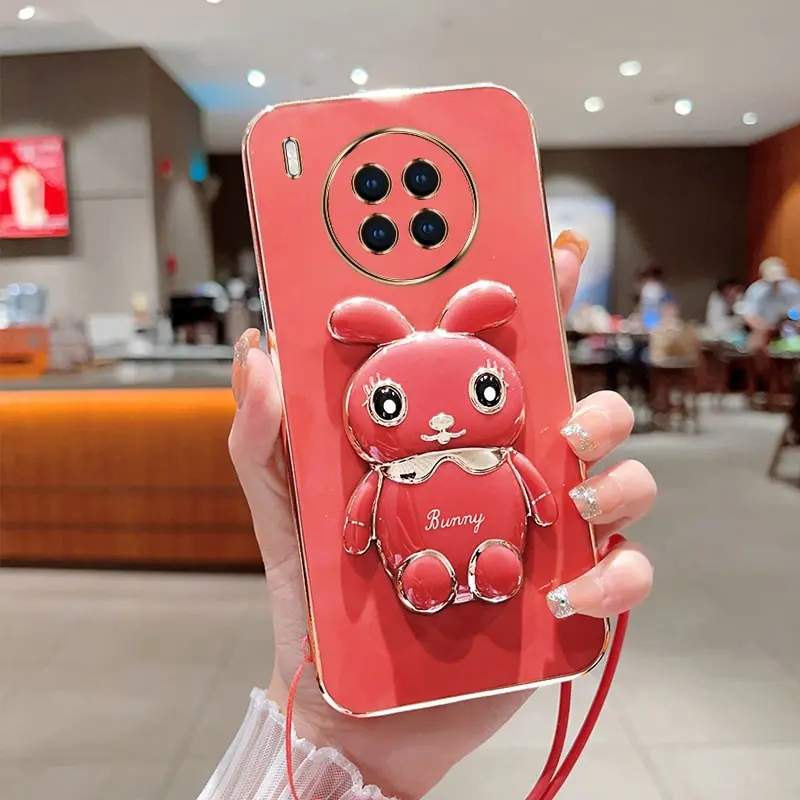 Phone Case For Huawei Nova 8i Luxury Plating Square Rabbit Holder With Landyard Phone Case Cover