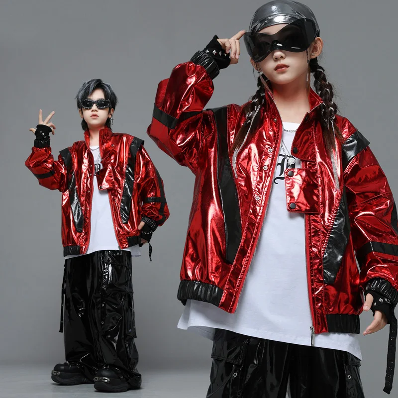 Boys Contrast Shiny Leather Jacket Street Dance Cargo Pants Girl Group Hip Hop Streetwear Kids Jazz Costume