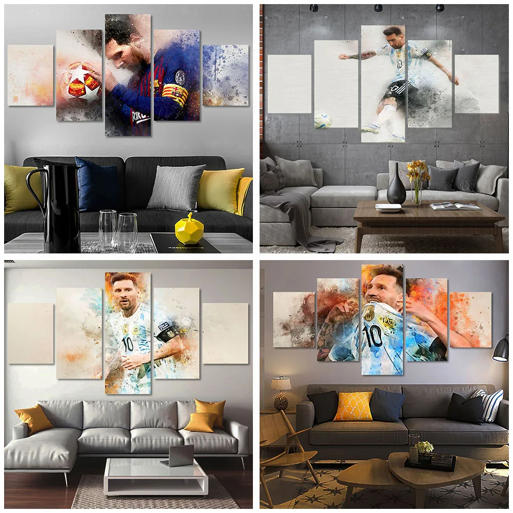 Football Superstar Messi 5 Panels Canvas Poster Painting Wall Art Prints Sport Posters Living Room Decoration Pictures Club Bar