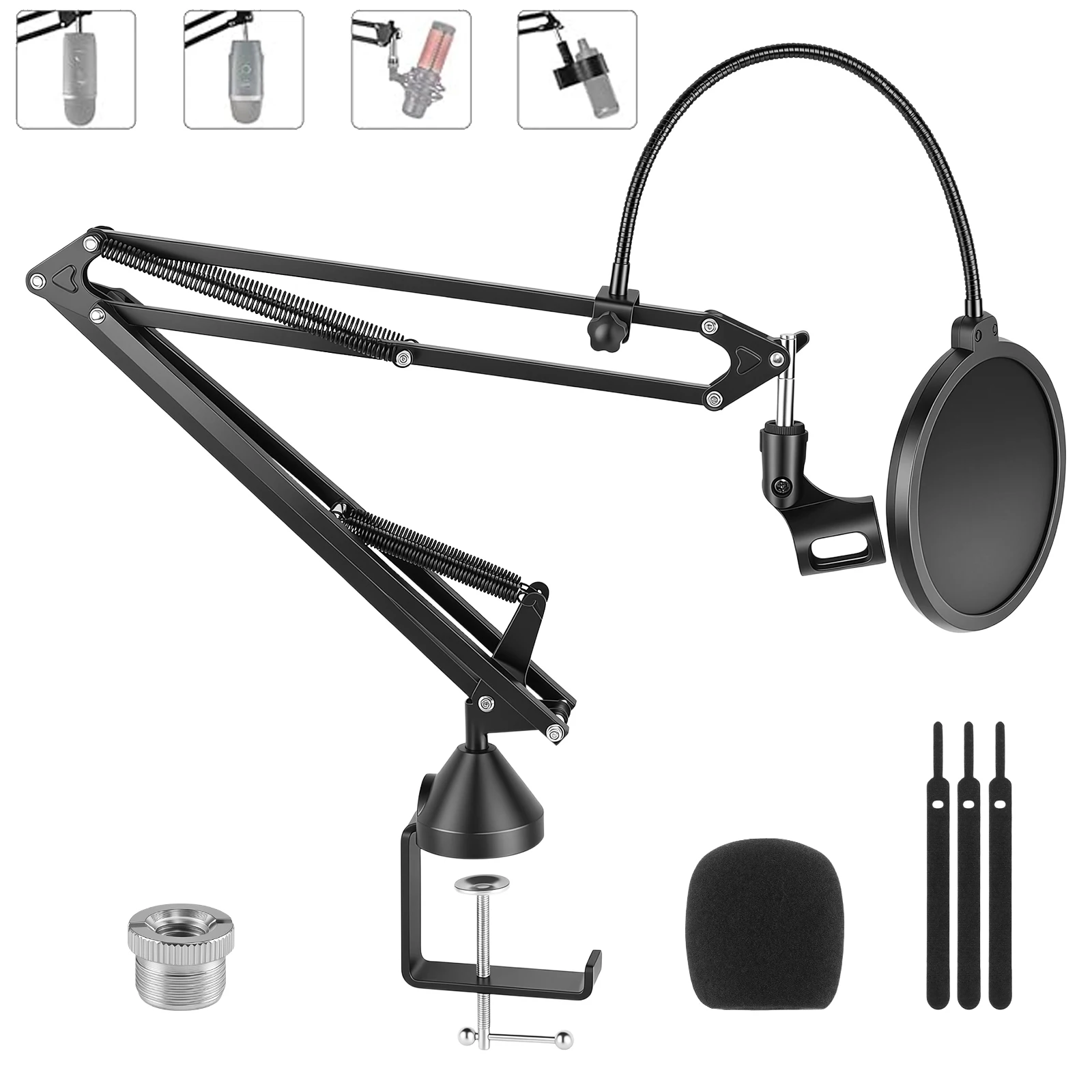Support de microphone à bras articulé, support de micro à suspension réglable avec filtre anti-pop, adaptateur 3/8" à 5/8", excellente compatibilité, pince pour micro, pince robuste améliorée, 35 cm + 35 cm