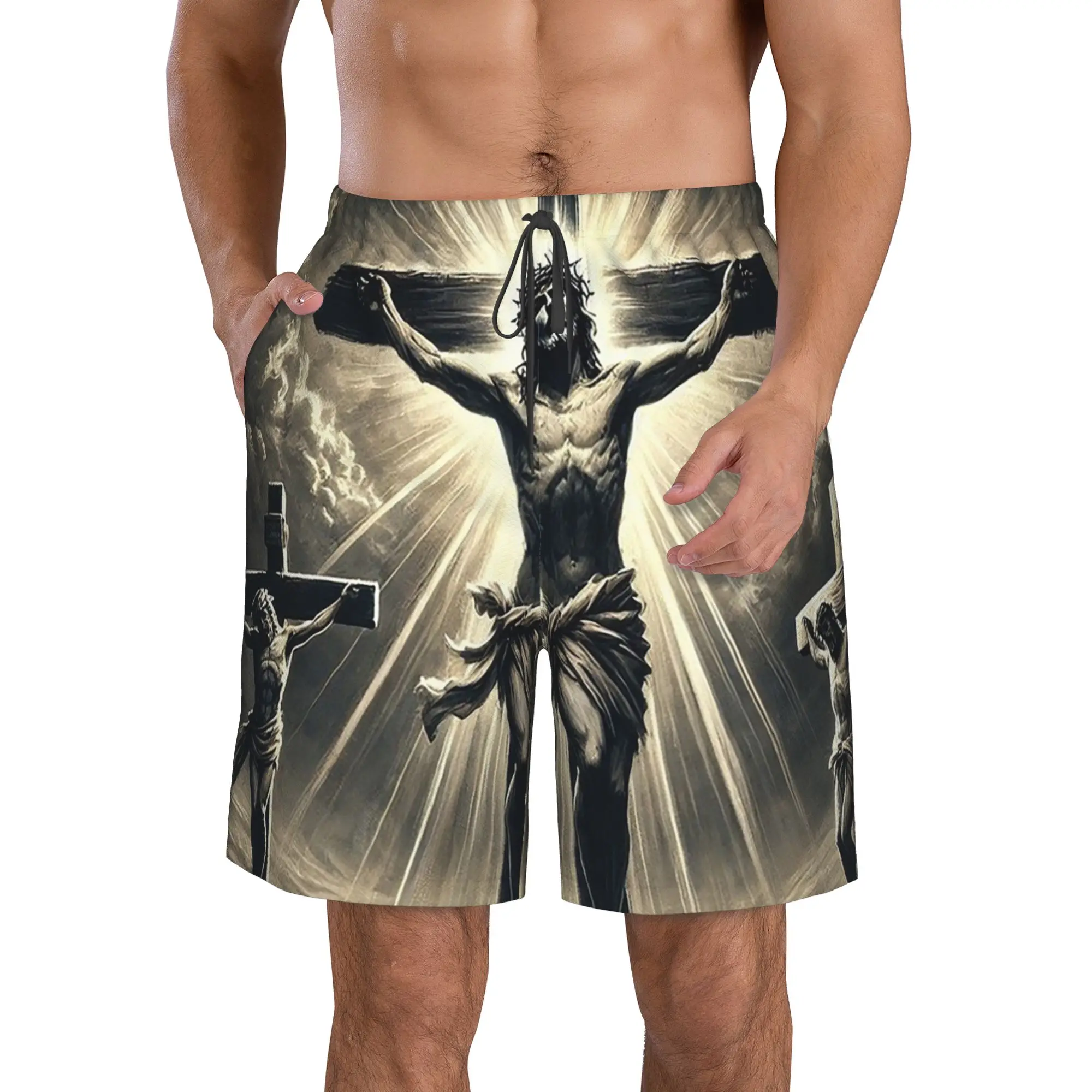 Jesus Christ and Christian Cross Dark Trunks Beach Board Shorts Casual Quick Dry Swim Summer Men Pants