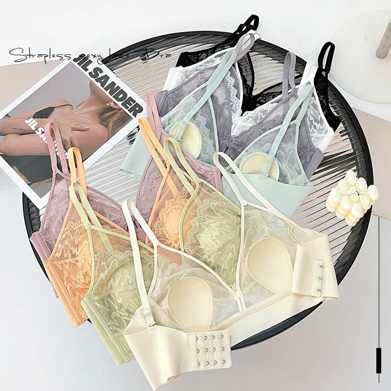 Blumenspitzen-BHs für Damen, gepolsterte BHs, BHs ohne Bügel, einfarbige BHs mit Spitze, BHs mit festen Körbchen, Unterwäsche, sexy Dessous. – Detail 7