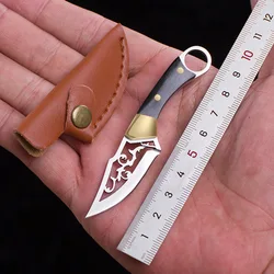 Portable Mini Knife Brass Wood Unboxing Hollow Blade EDC Fixed Blade Leather Cover Cutter Outdoor Surivival Tools Gift