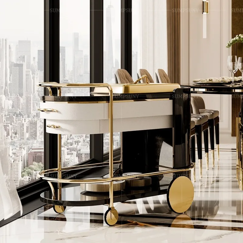 Light luxury high-end solid wood multi-functional service truck stainless steel restaurant, double-layer dining cart trolley