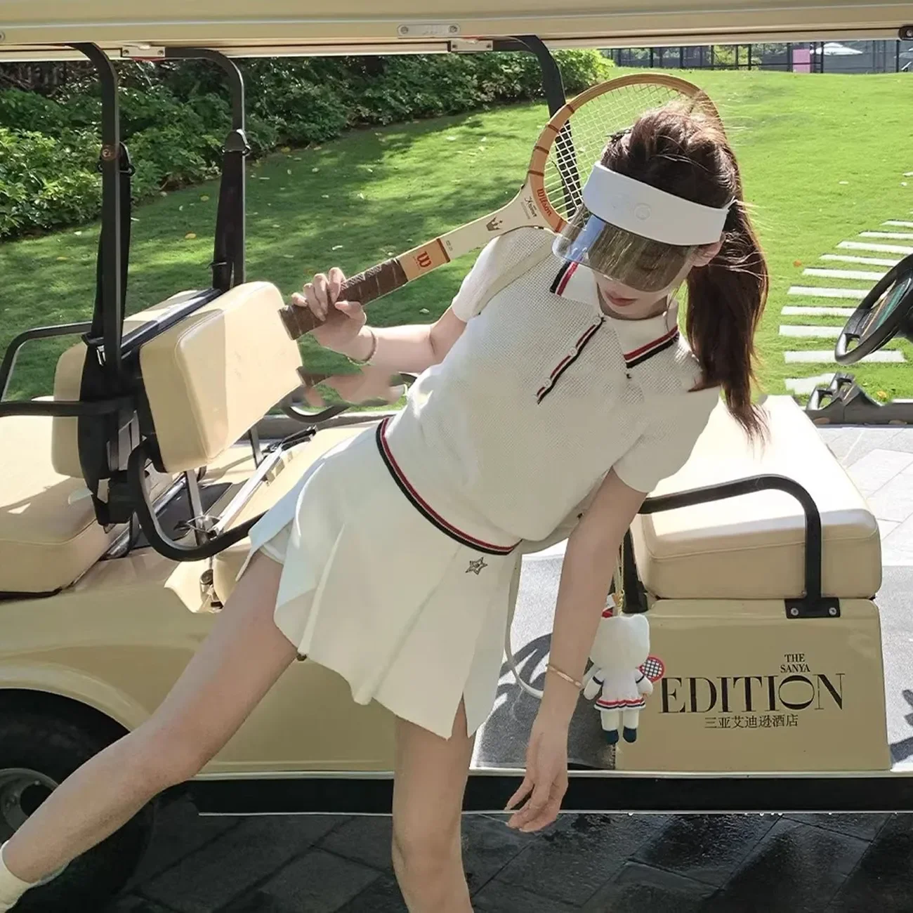 Summer Women Tennis Series Waffle Knitwear Golf POLO Skirt Suit Short-sleeved Top High Waist Skirt Two-piece Golf Clothing