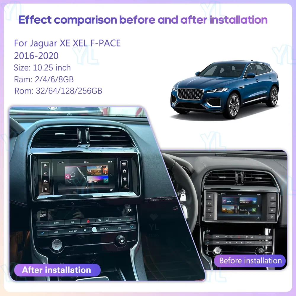 

10.25 inch Car Multimedia Video Player For Jaguar XE XEL F-PACE 2016-2019 GPS Navigation Android 14 8core Auto Carplay 4G WiFi
