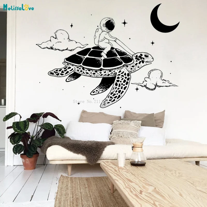 Dream Scene Astronaut Flying In Turtle Wall Stickers Kids Room Decor Stars Space Girl Boy Gifts Vinyl Art Planet Decals YT6668