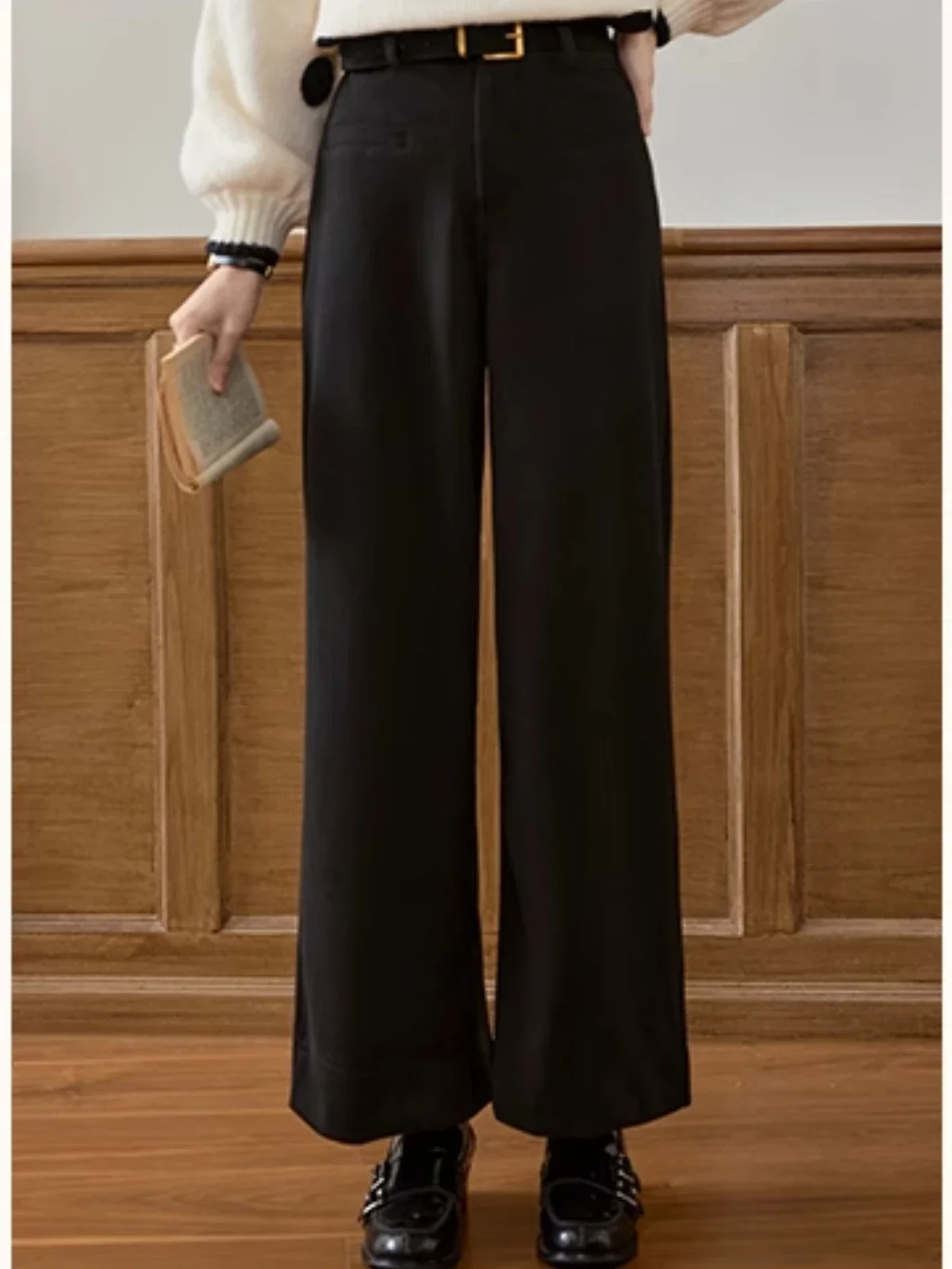 ALXNAN Women's Winter Wide Leg Pants Solid Black Warm Loose Straight Ankle-length Pant 2024 New Female All-match Bottoms L52321