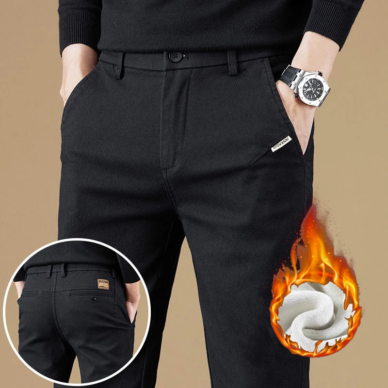 

Men Snow Warm Plush Fleece Business Casual Pants Men Fashion Daily Classic Slim Fit Straight Leg Trousers Dark Gray Trousers