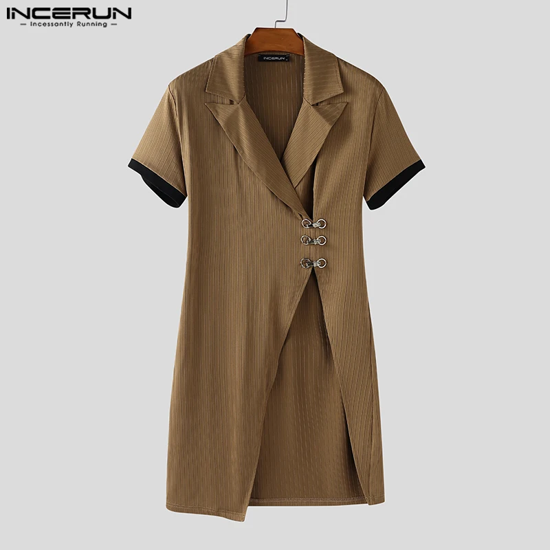 

INCERUN Men Cardigan Knitted Patchwork Lapel Short Sleeve Irregular Sweater Men Streetwear 2025 Fashion Casual Sweater Coats
