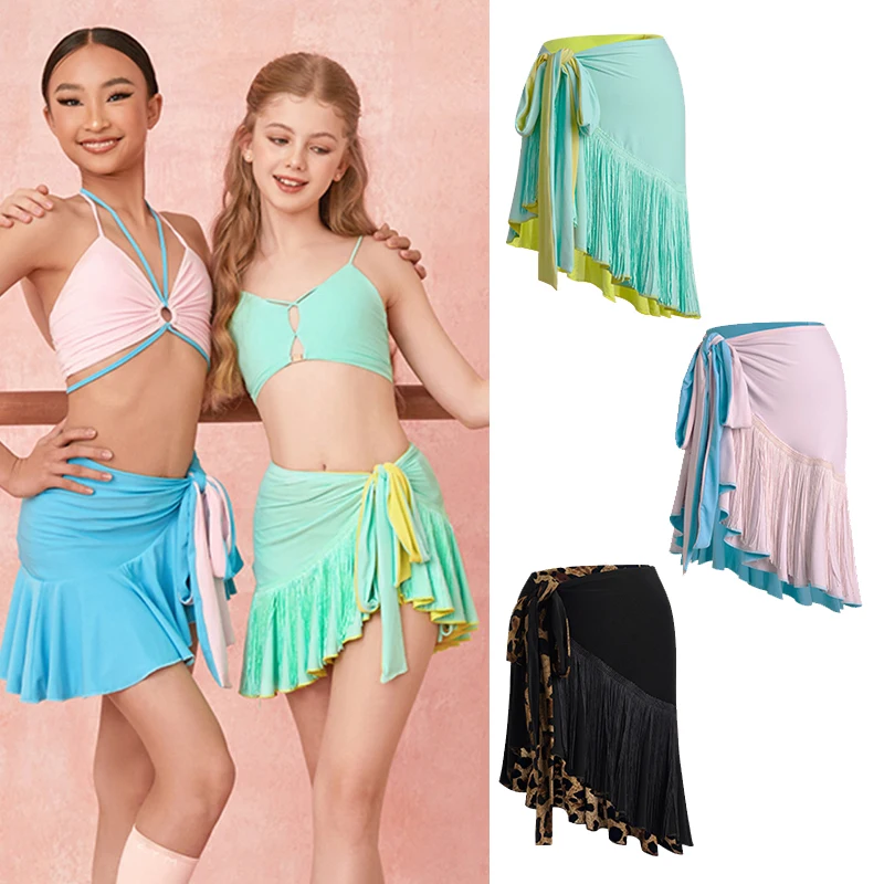 

New Latin Dance Skirt Girls Tassel Hip Scarf Cha Cha Rumba Dance Clothes Practice Wear Black Pink Leopard Fringe Skirt DNV23078