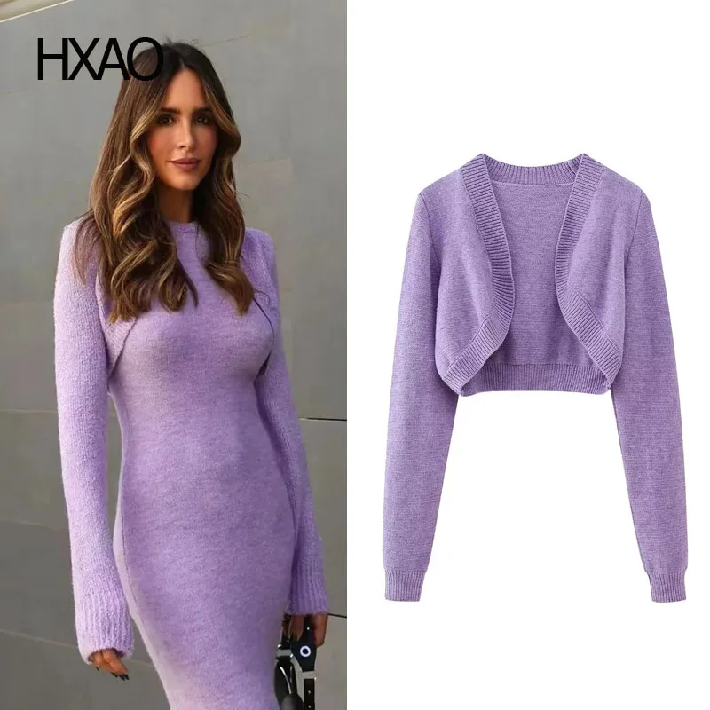 

HXAO Cropped Cardigans for Women Purple Knit Long Sleeve Sweater Spring Autumn Knitted Cashmere Crop Tops Female Knitwear Coats