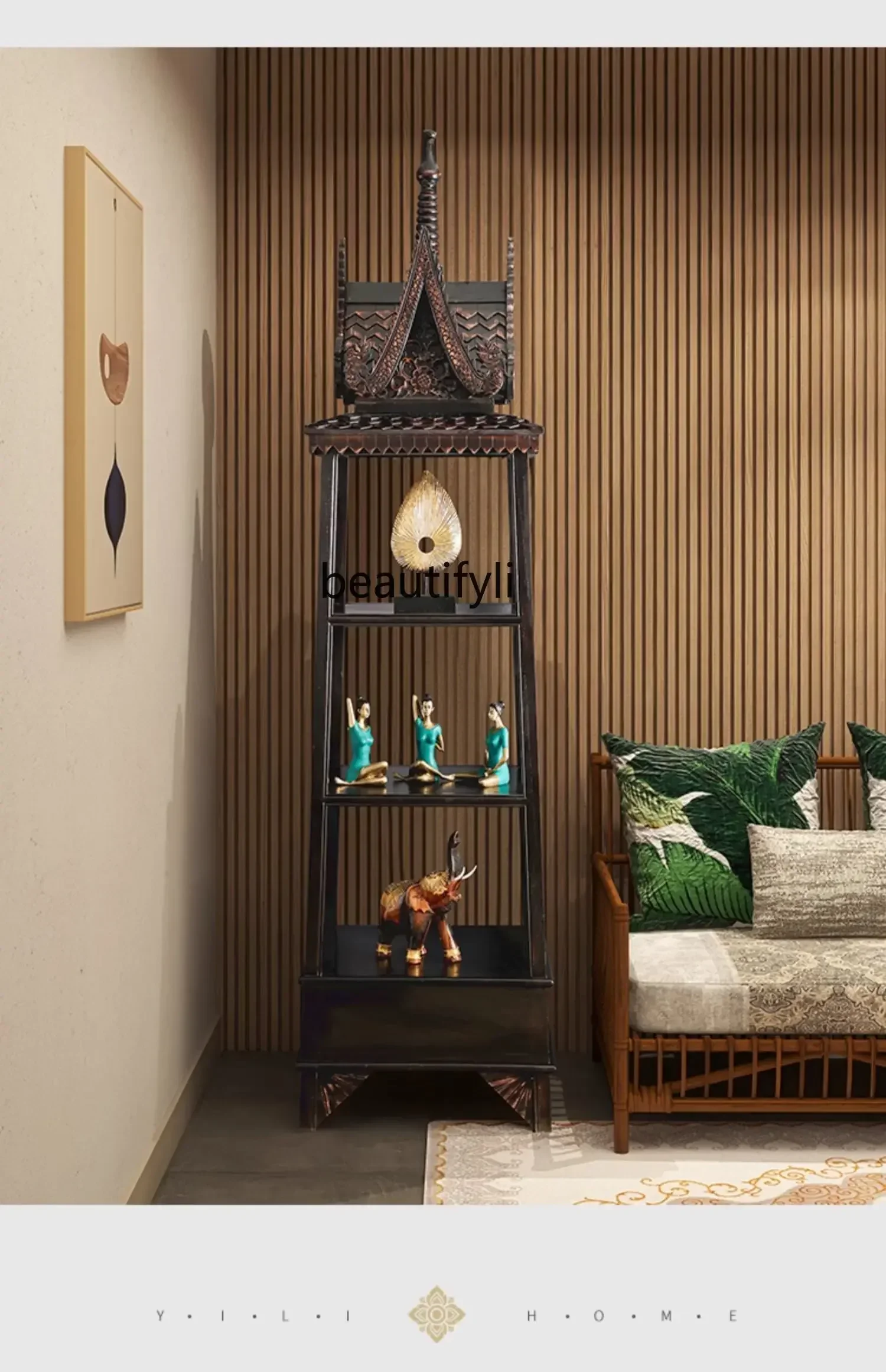 

xx1Southeast Asian Style Furniture Solid Wood Curio Shelf Ornaments Thai Retro Partition Tea Room Tea Set Storage Rack