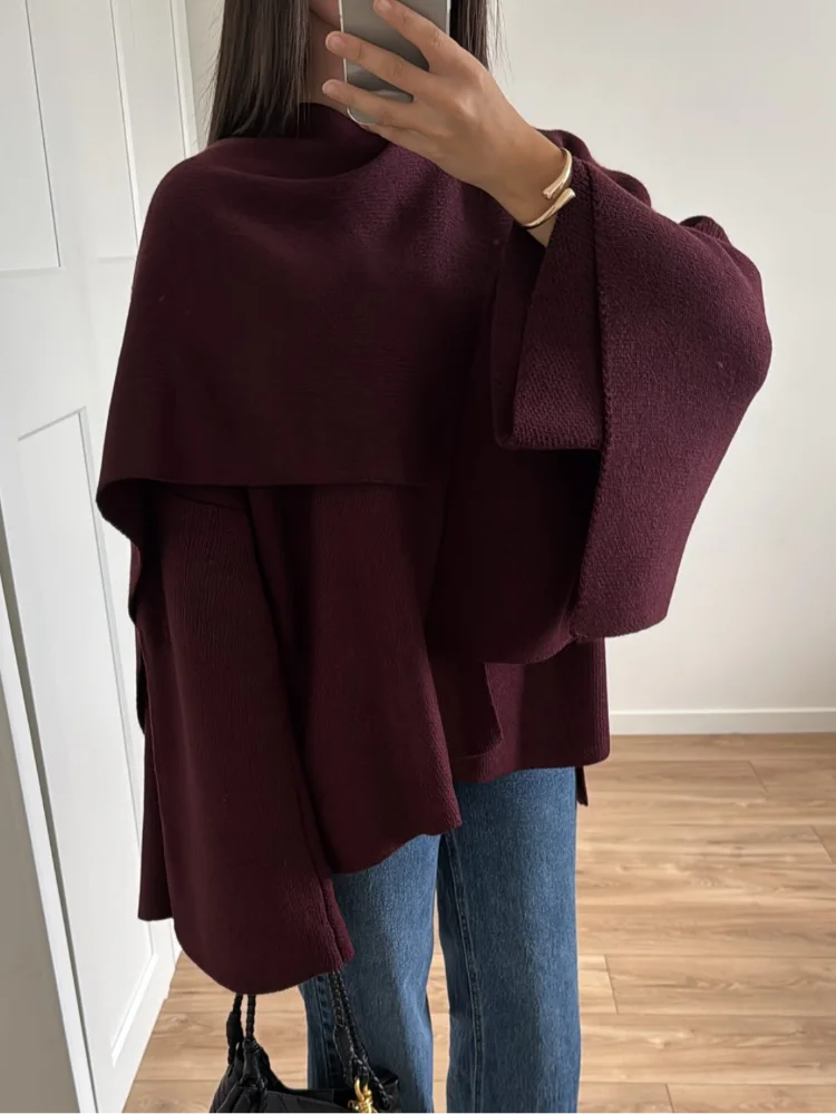 2024 Burgundy Women\'s Chic Scarf Collar Jackets Autumn Fashion Long Sleeved Casual Loose Coat New Ladies Elegant Street Outwear