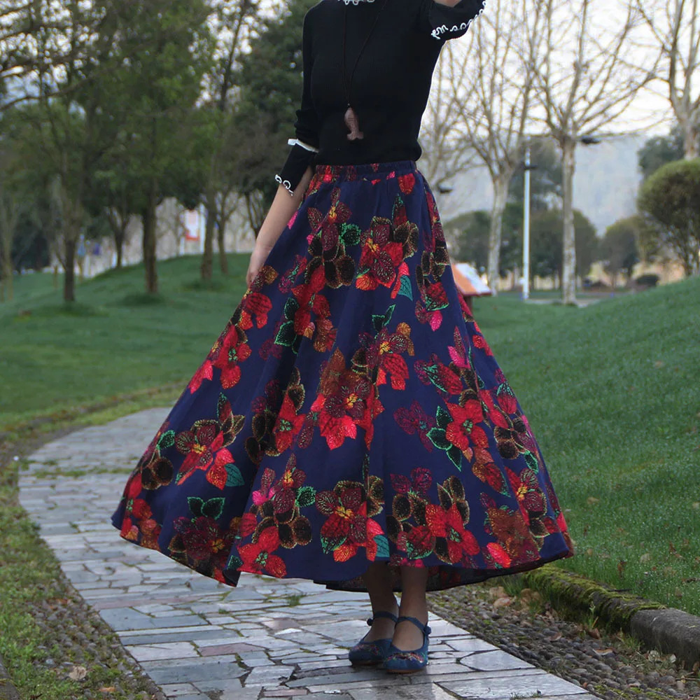 TIYIHAILEY Long Maxi A-line Elastic Waist Women Cotton And Linen Printed Skirts Flowers Navy Blue Fashion Ladies With Pockets