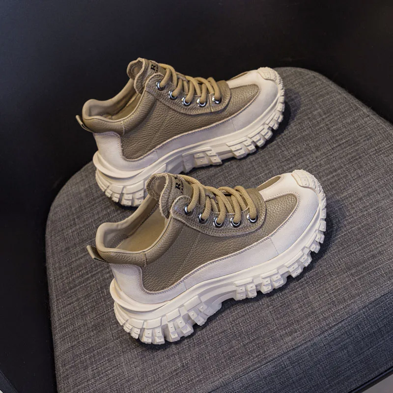 DRKANOL Women Platform Dad Shoes Mixed Colors Genuine Leather Lace-Up Wedges High Top Winter Warm Shoes Lady Casual Sneakers