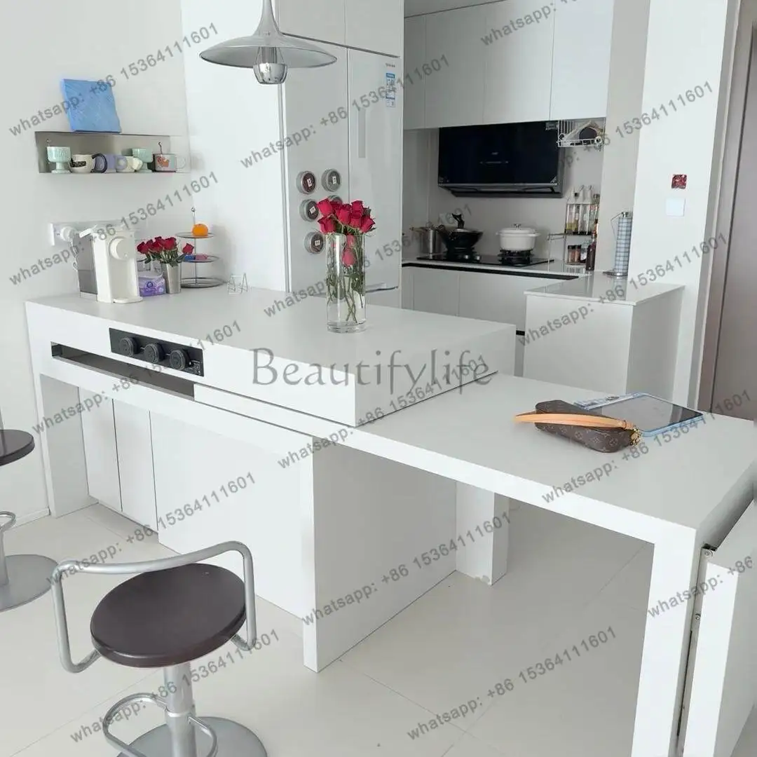 Light luxury island dining table integrated home retractable rotating premium open kitchen bar slate