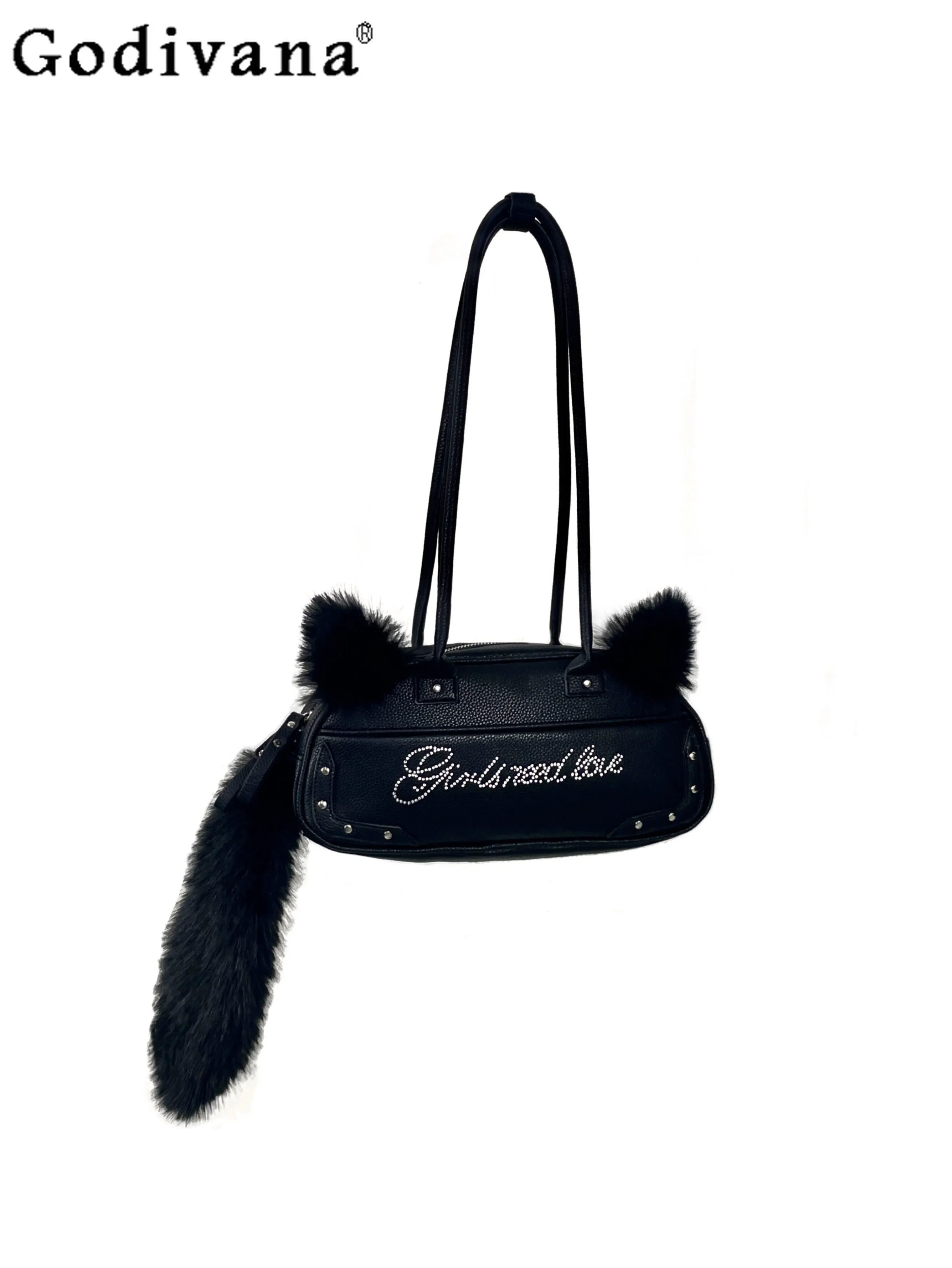 

Милая плюшевая сумка-тоут с кошачьим хвостом и бриллиантами, женская сумка из искусственной кожи JK, кавайные сумки на плечо, подмышки