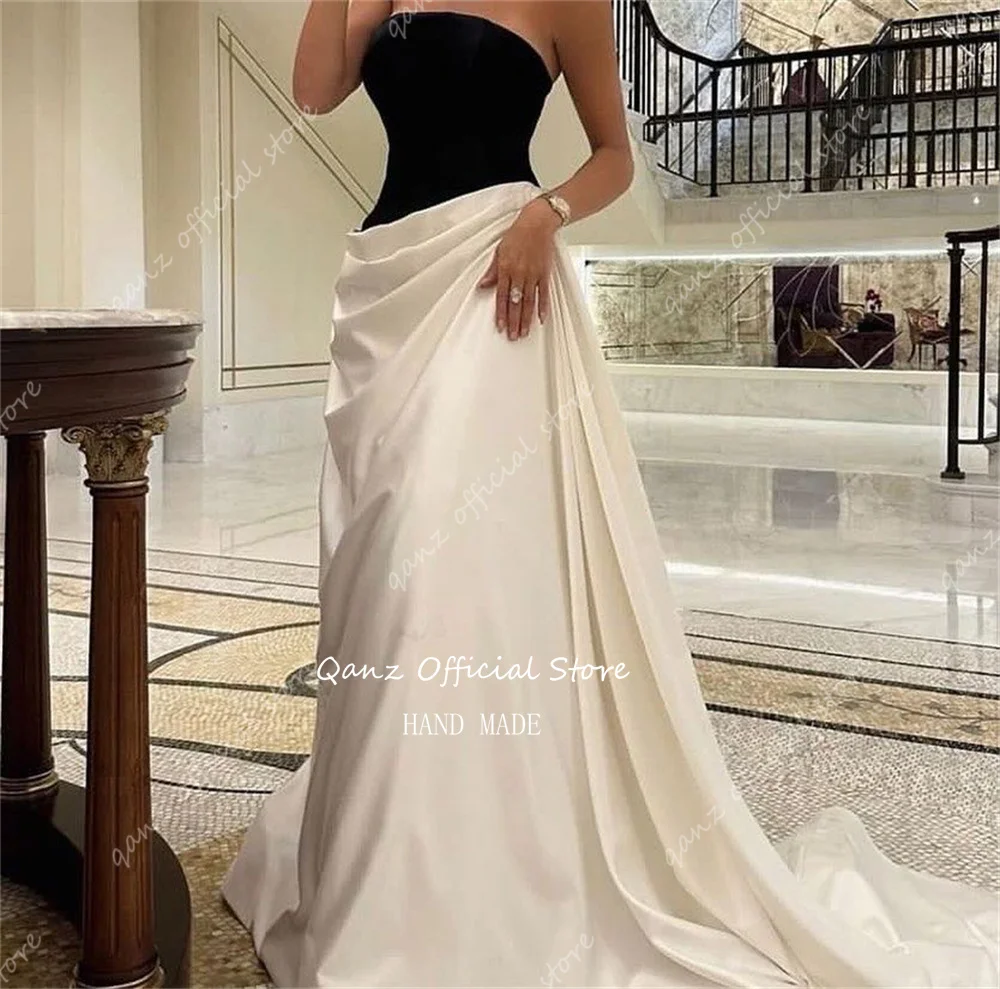 Qanz Vintage Saudi Arabic Evening Dresses Strapless Black and White Prom Gown Floor Length Formal Occasuon Dresses Customized