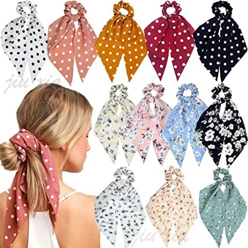 2022 Summer Fashion  Chiffon Print Hair Ribbon Scrunchies for Women Girls Ponytail Holder Hair Tie Rope Hair Accessories