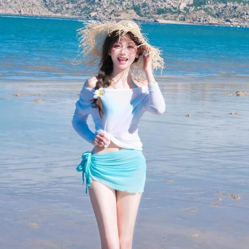 

Новинка 2026: Стильный раздельный купальник-бикини из четырех частей для девушек, с защитой от солнца, для горячих источников