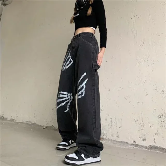 Najlepiej sprzedające się Retro ręka z czaszką dżinsy Streetwear Baggy Slouchy Jeans odzież damska Y2k wysokiej jakości luźna prosta szeroka nogawka