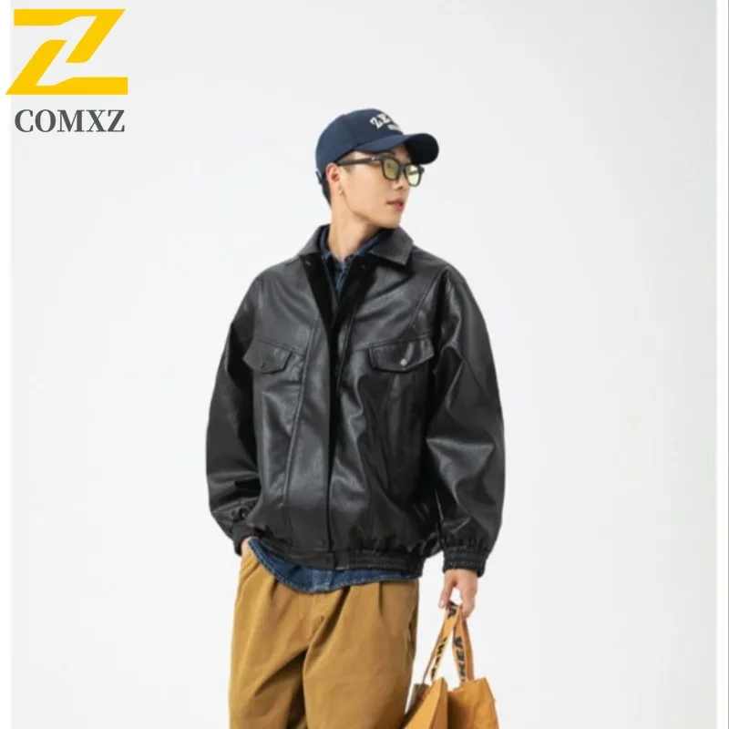 

COMXZ New Unisex Loose Vintage Couple Turn Down Collar Casual PU Leather Coat American Fashion Motorcycle Leather Jacket